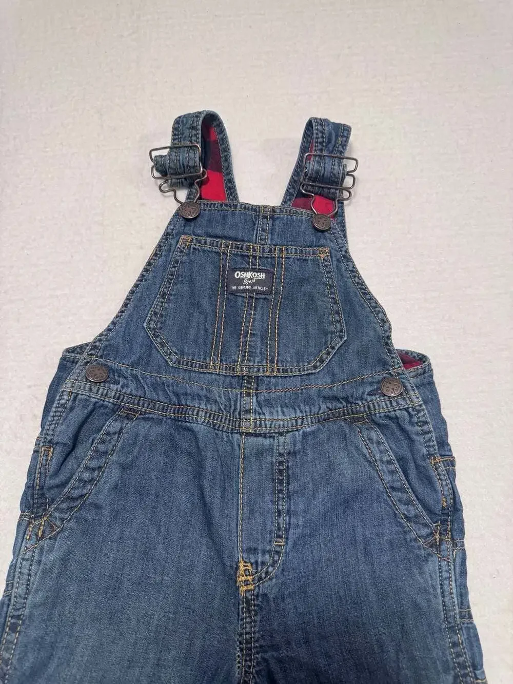 OshKosh B’gosh Toddler Denim Bib Overalls Red Plaid Lined Size 3T